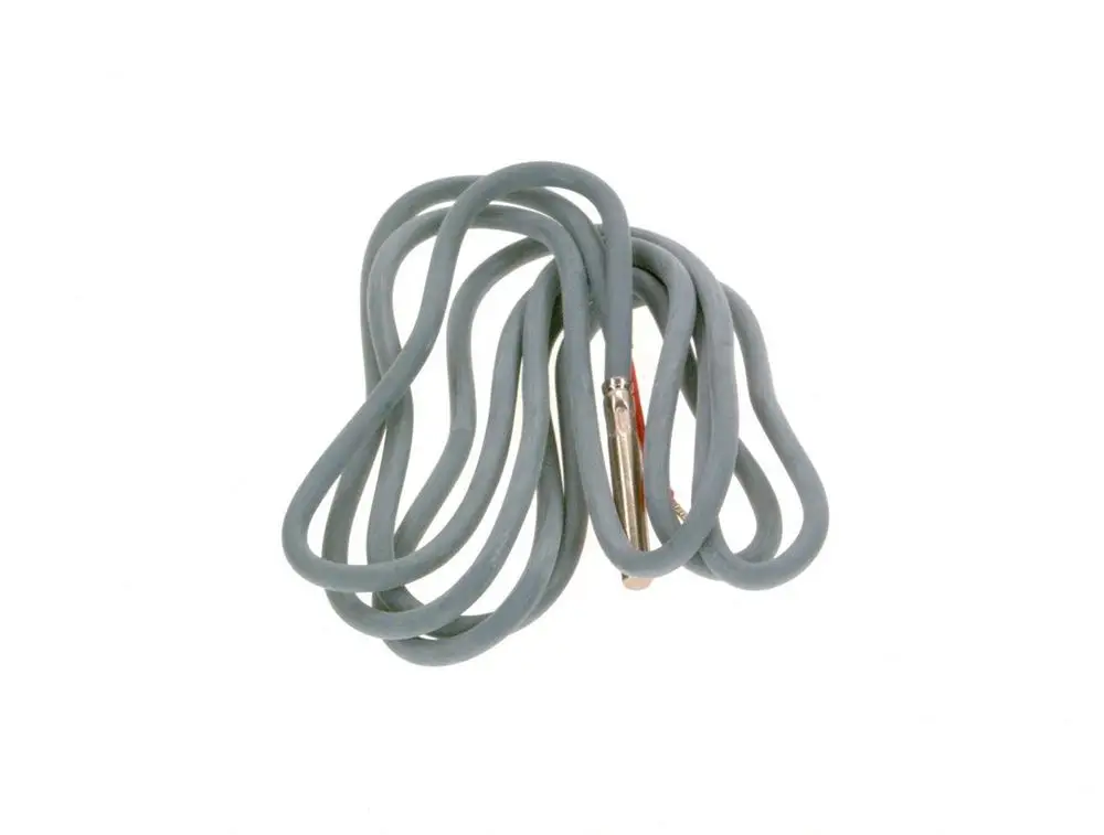 Geknotetes graues Kabel mit einem metallischen Stecker, möglicherweise ein Temperaturfühler von Bosch für Heizsysteme.